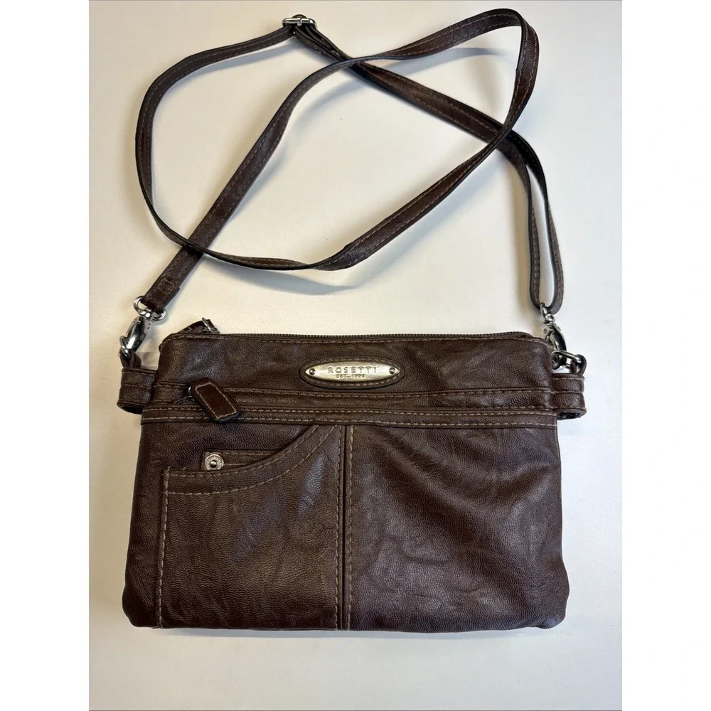 Rosetti Crossbody Organizer Bag Brown Faux Leather Adjustable Strap Y2K